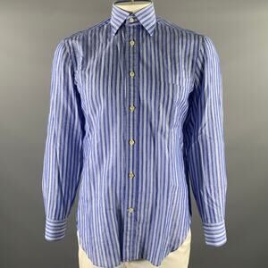 KITON Size L Blue White Stripe Linen Cotton Pointed Collar Long Sleeve Shirt
